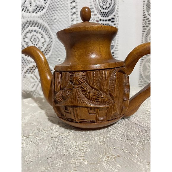Vintage Genuine Monkey Pod Wood Tea Pot Hand Carved - Picture 1 of 5